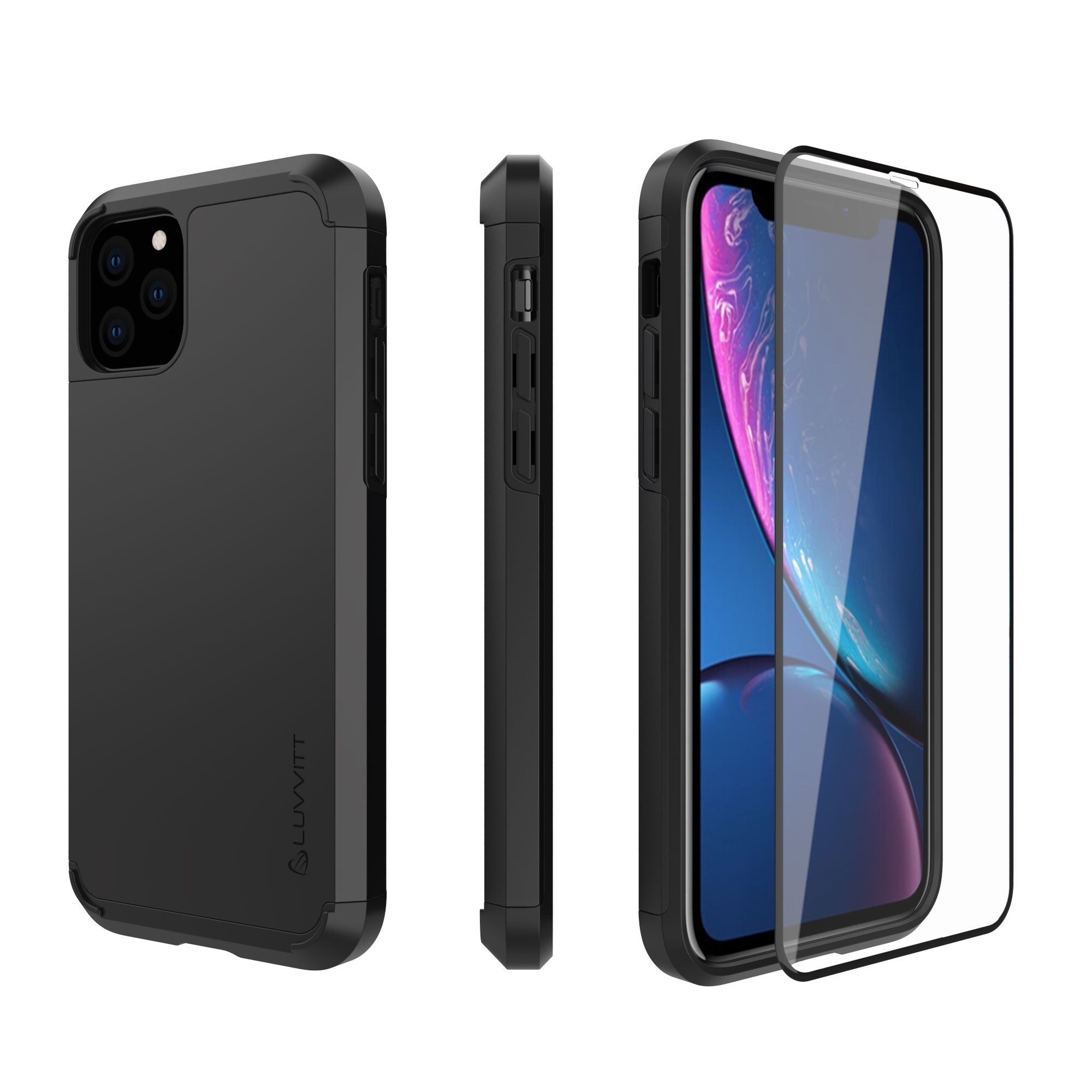 Luvvitt Ultra Armor Case and Tempered Glass Screen Protector Bundle for iPhone 11 Pro 2019 - Black