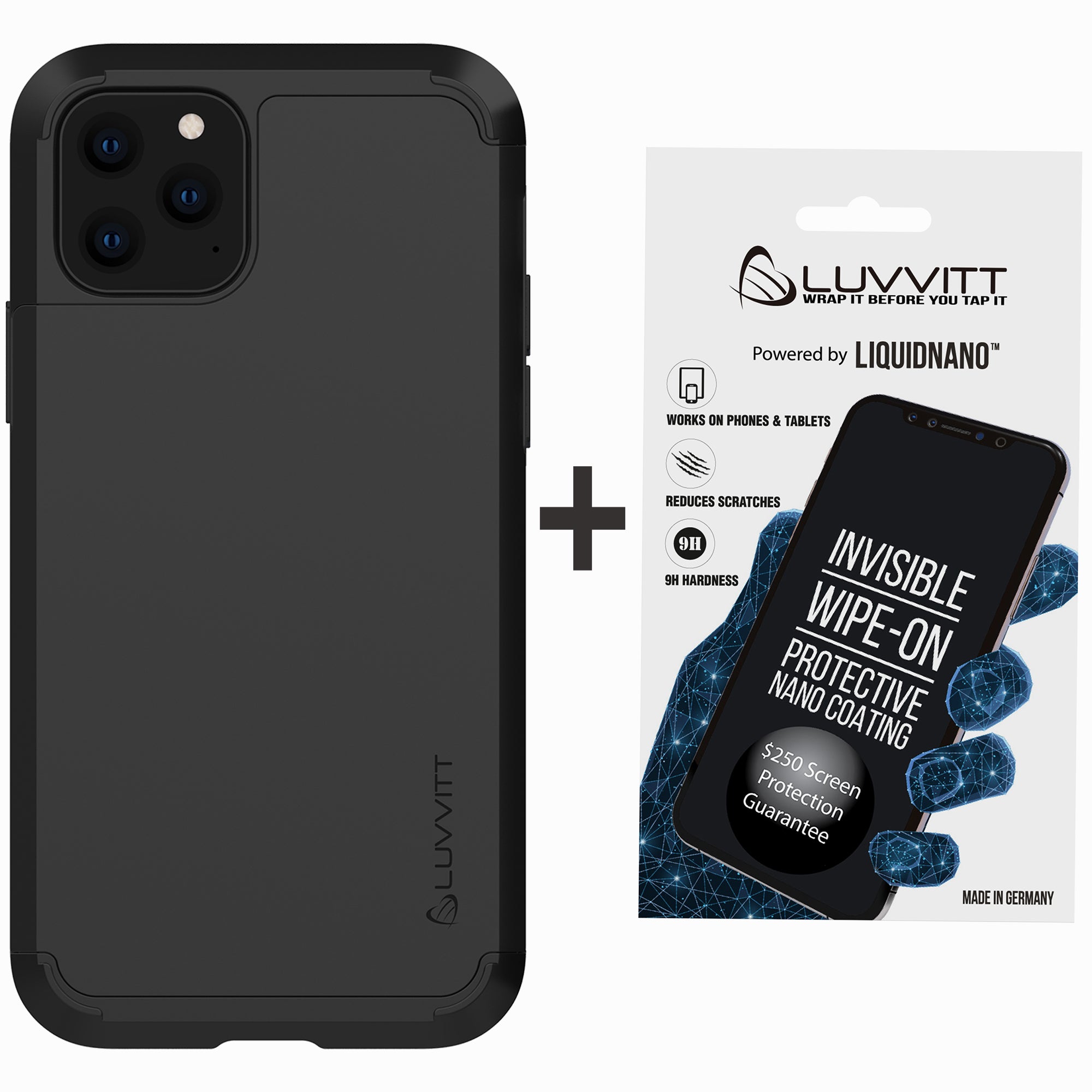 Luvvitt $250 Warranty ULTRA ARMOR Case + Liquid Glass Screen Protector Bundle for iPhone 11 Pro Max 2019 - Black