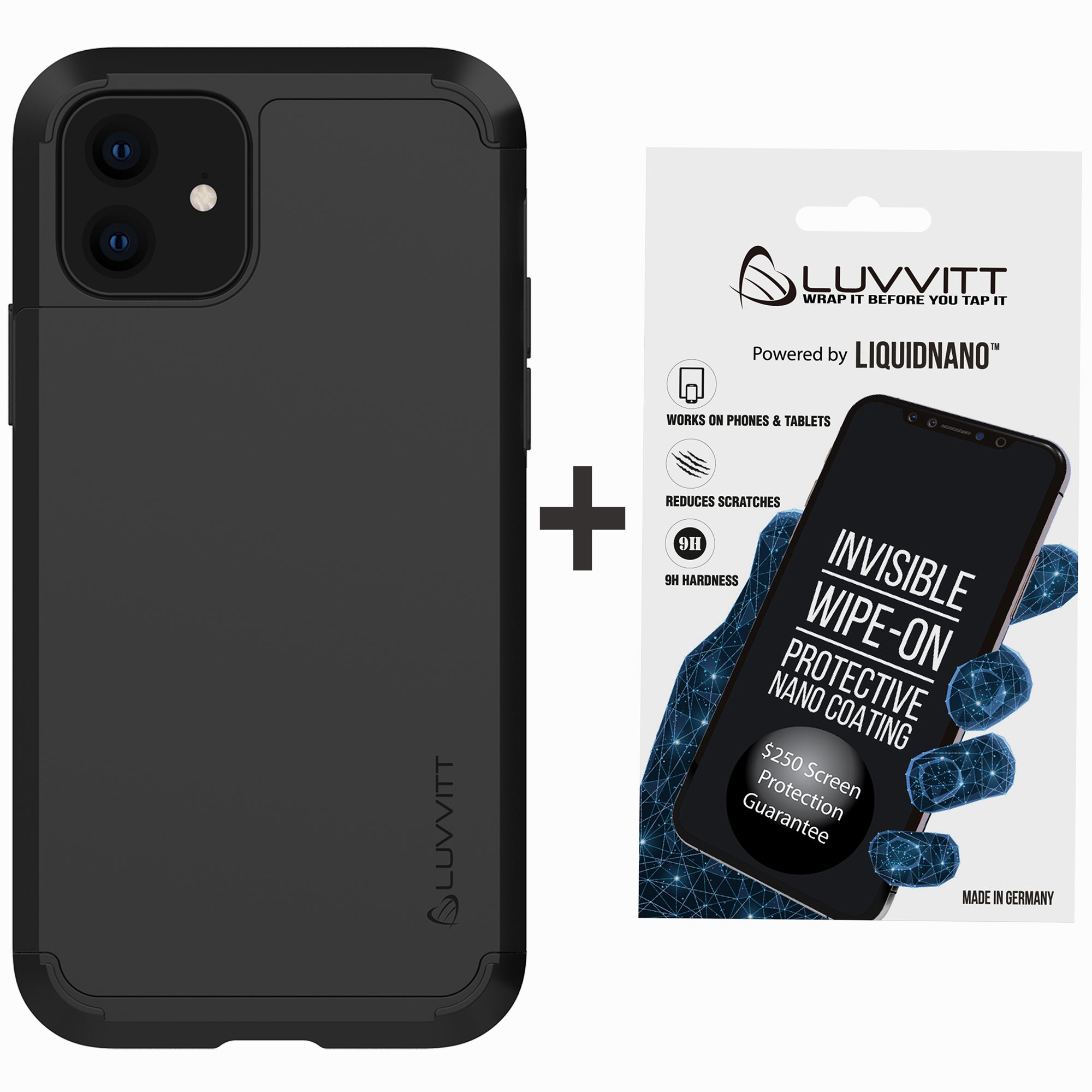 Luvvitt $250 Warranty ULTRA ARMOR Case + Liquid Glass Screen Protector Bundle for iPhone 11 Pro 2019 - Black