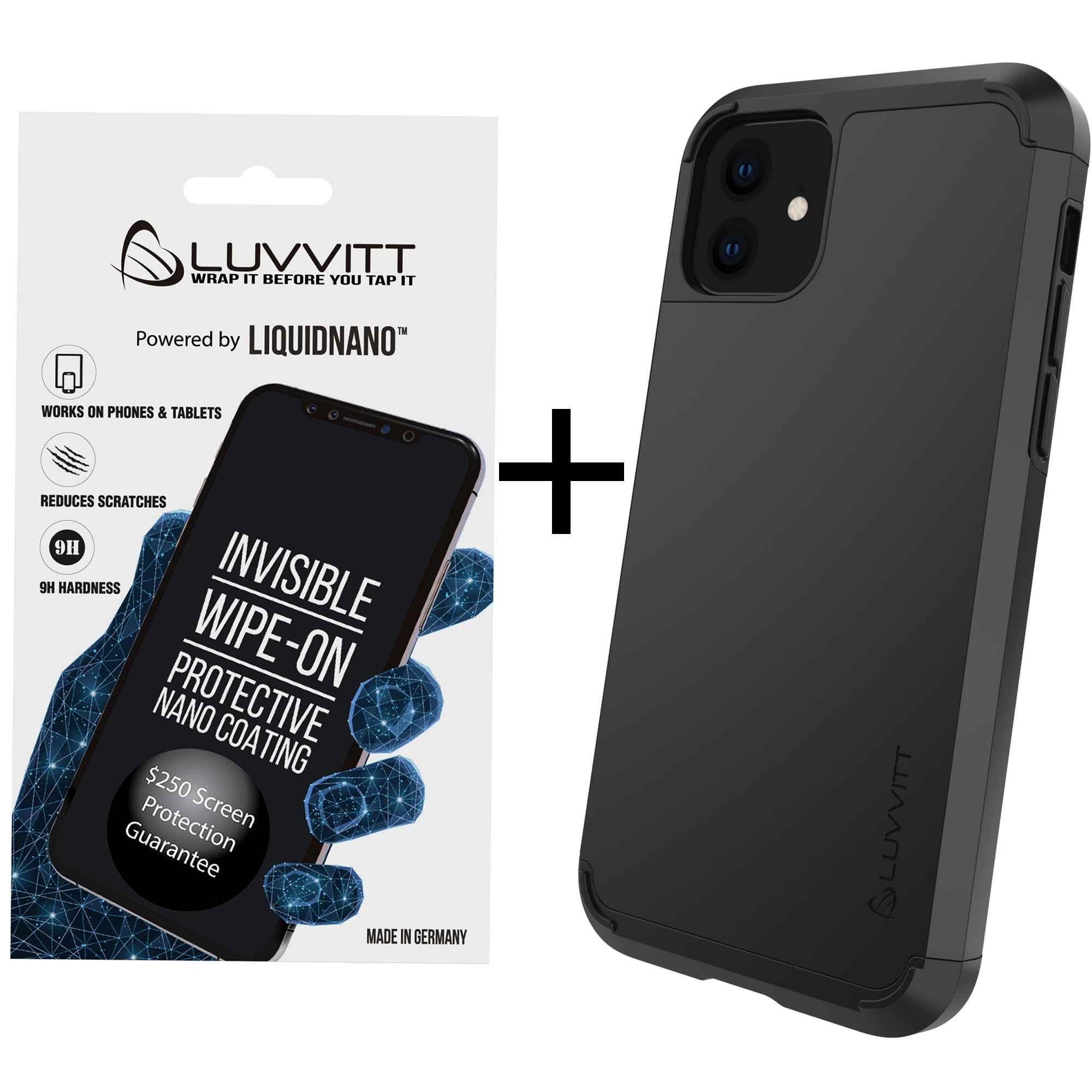 Luvvitt $250 Warranty ULTRA ARMOR Case + Liquid Glass Screen Protector Bundle for iPhone 11 2019