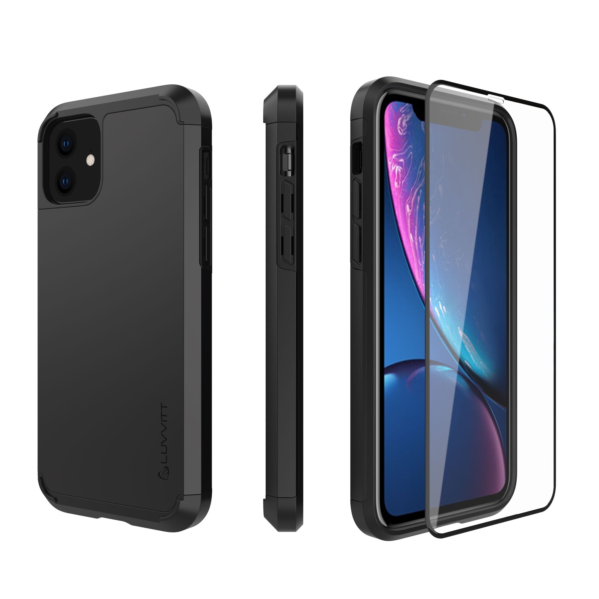 Luvvitt Ultra Armor Case and Tempered Glass Screen Protector Bundle for iPhone 11 2019 - Black