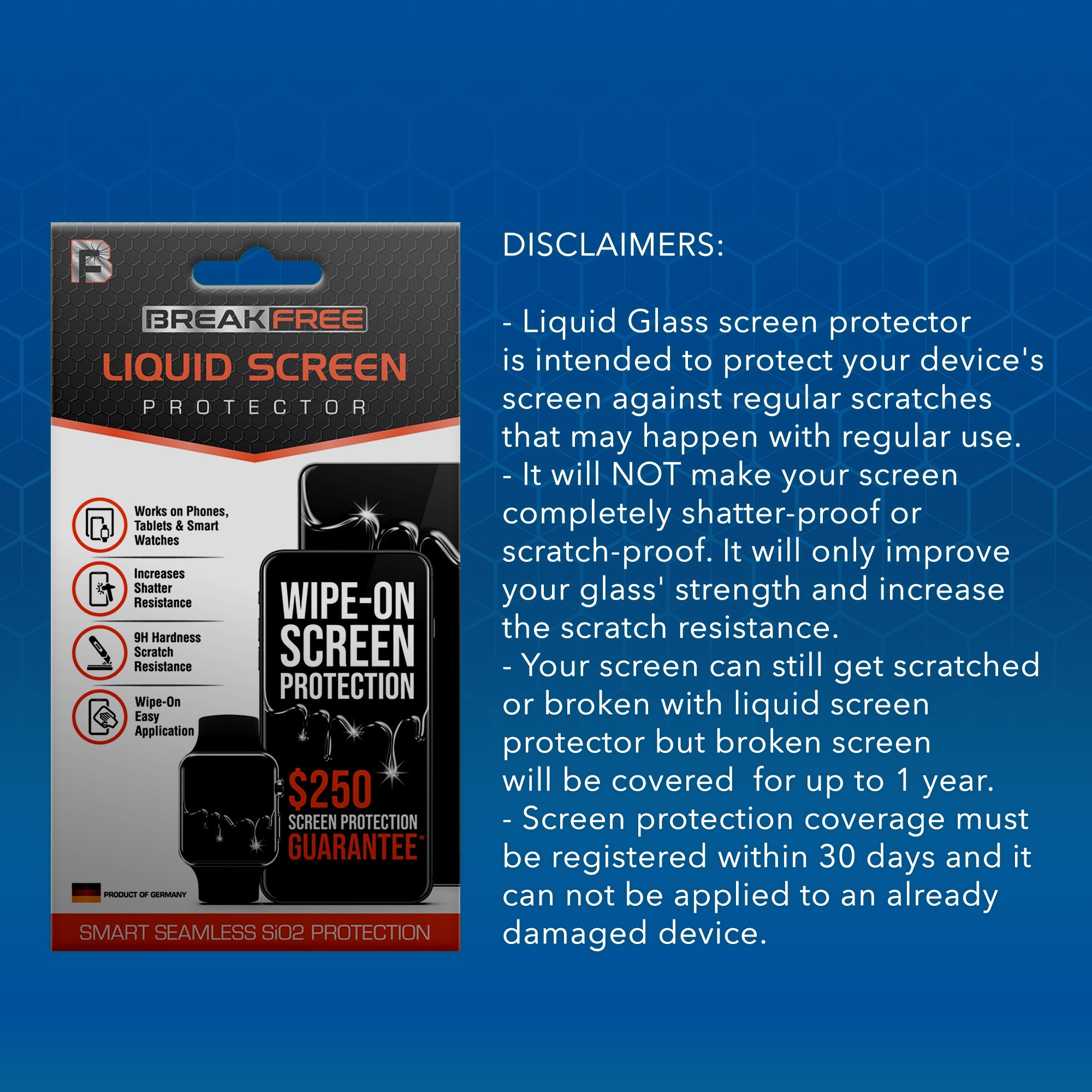 BREAK FREE Liquid Glass Screen Protector with $250 Guarantee for All Phones Tablets and Smart Watches