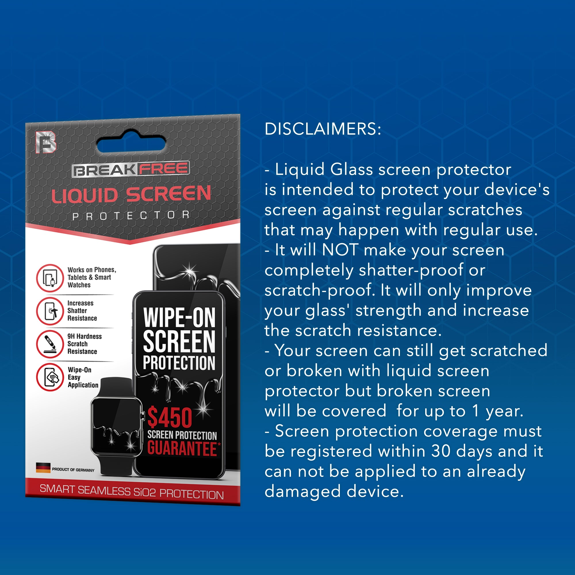 BREAK FREE Liquid Glass Screen Protector with $450 Guarantee for All Phones Tablets and Smart Watches