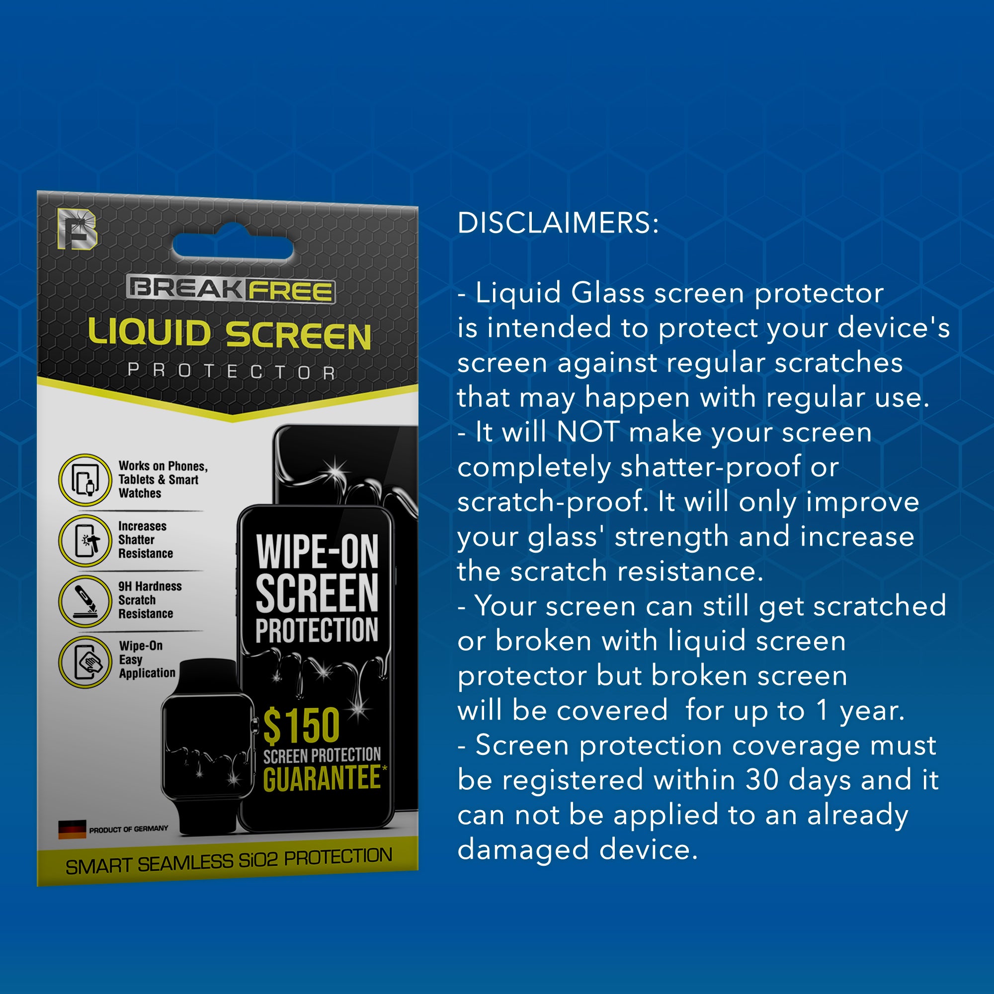 BREAK FREE Liquid Glass Screen Protector with $150 Guarantee for All Phones Tablets and Smart Watches